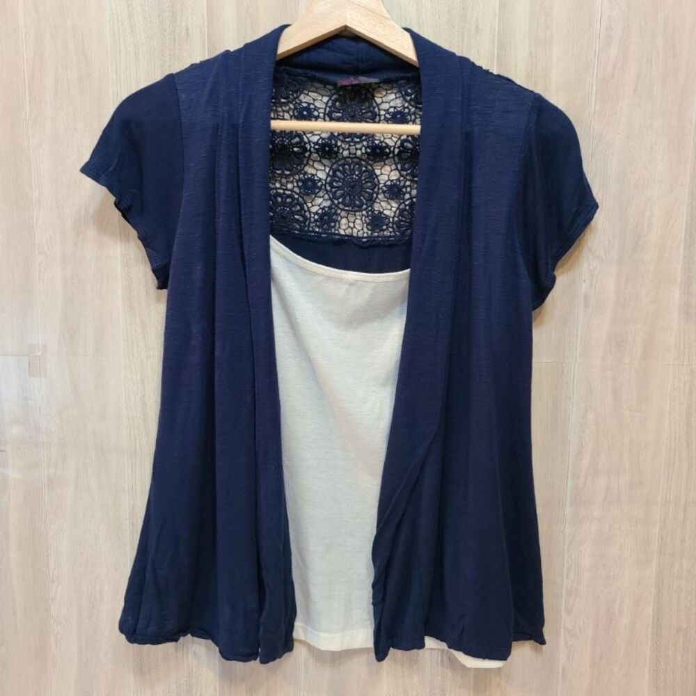 Agenda Womens Cardigan Top Blue Floral Lace Back Open Front Layered Short Sleeve